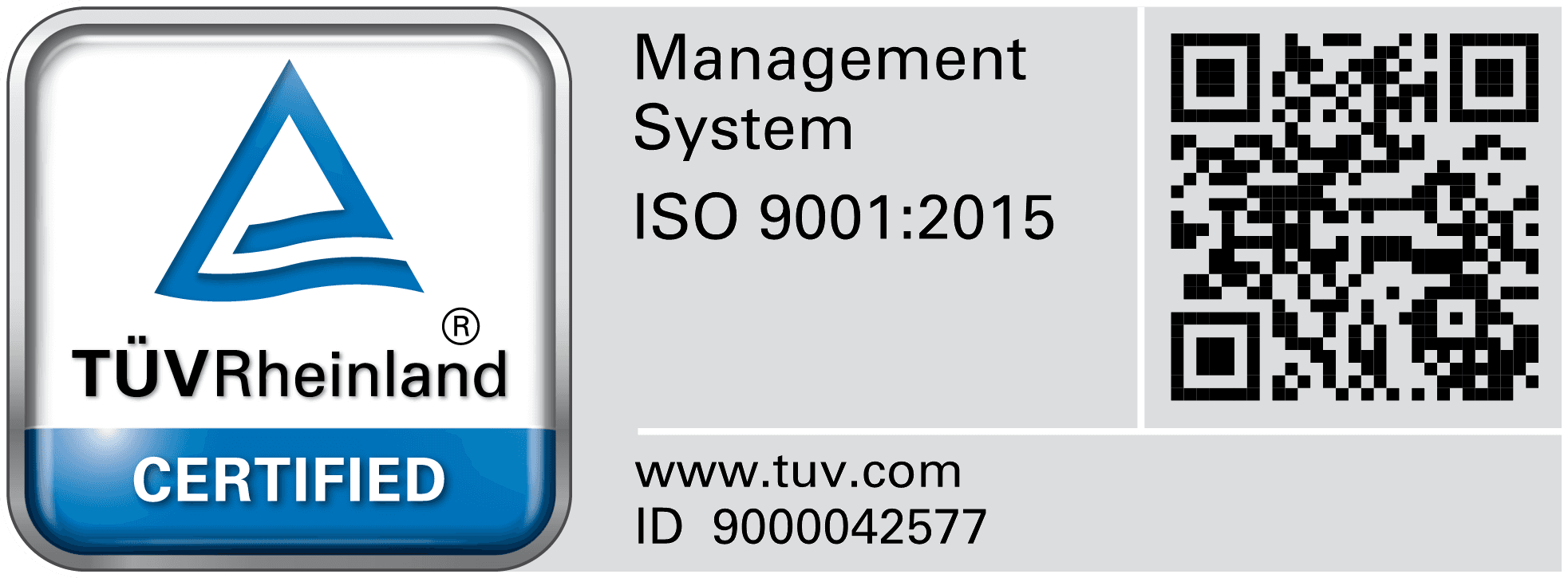 TÜV Rheinland test mark — Management System ISO 9001:2015, certified, ID 9000042577